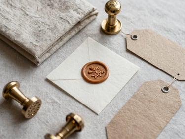 An editorial flat lay of raw wedding packaging materials, including textured linen, wax seals, and heavy cotton paper labels, soft natural light.