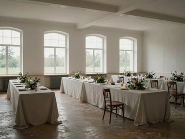 Wide environmental photograph of a finished empty wedding hall in Koszalin — long tables dressed with linen and botanical centrepieces, soft overcast daylight through tall windows, no guests, the room mid-setup with one chair still askew