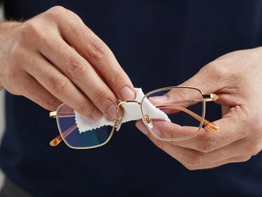Close-up of hands gently cleaning a pair of elegant gold-accented glasses with a micro-fiber cloth, sharp studio lighting, high-contrast, deep navy and gold accents, crisp detail