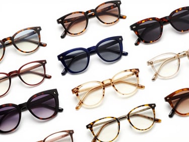 Abstract flat-lay of various high-fashion spectacle frames in different architectural acetate finishes, arranged artfully, sharp studio lighting, high-contrast, deep navy and gold accents, crisp detail