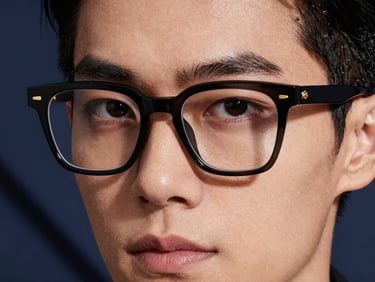 Close-up of a model's face wearing sleek, modern black acetate glasses, architectural background, sharp studio lighting, high-contrast, deep navy and gold accents, crisp detail