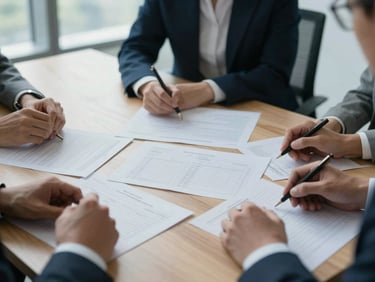 A collaborative strategy session around a wooden table with printed balance sheets, natural window light, editorial crop
