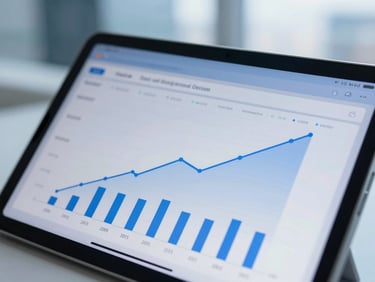 A close-up of a structured financial dashboard showing predictive growth models on a tablet, cool screen glow, sharp focus