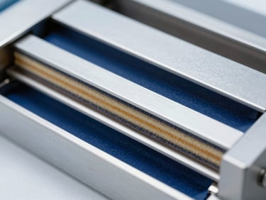 Cross-section view of an energy-efficient reflow oven, highlighting insulation layers and heating elements, bright cool studio lighting, metallic silver and deep blue tones, macro depth of field, 35mm