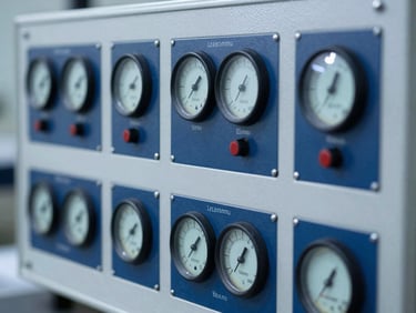 Close-up of a multi-zone lead-free reflow oven control panel, showing precise temperature readouts, bright cool studio lighting, metallic silver and deep blue tones, macro depth of field, 35mm
