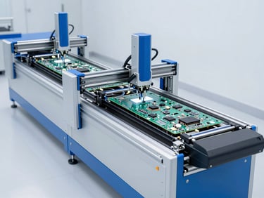 Wide panoramic shot of an automated LED pick and place machine, with multiple placement heads working simultaneously on a long PCB panel. Clean factory floor, bright cool studio lighting, blue and silver highlights.