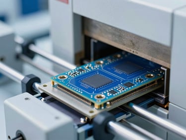 Pristine PCB moving through a lead-free reflow oven on a conveyor belt, glowing with heat, bright cool studio lighting, metallic silver and deep blue tones, macro depth of field, 35mm