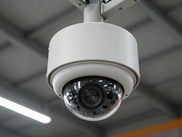 Close-up of a dome security camera mounted on a warehouse ceiling, wide-angle lens visible, industrial ceiling grid in background, task lighting below