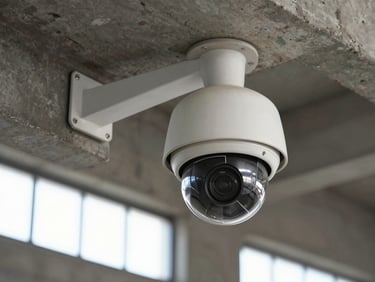 Close-up of a dome CCTV camera mounted on a warehouse ceiling bracket, concrete structure visible behind, natural daylight from high windows, sharp equipment detail
