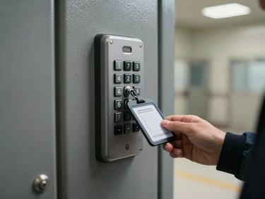 Access control keypad and card reader mounted beside a heavy industrial door, operator's hand holding a badge near the reader, facility corridor visible behind