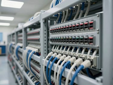 Structured cabling run neatly through cable trays in a commercial building, patch panel mounted in a wall rack, clean conduit routing visible, fluorescent overhead lighting