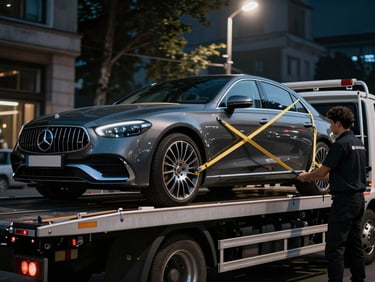 Close-up of a high-end luxury car being gently loaded onto a modern flatbed tow truck in Beşiktaş, showing secure strapping and professional handling, cinematic street lighting, sharp focus, 35mm lens.
