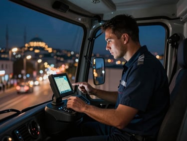 Professional tow truck operator in a clean uniform, looking at a GPS device inside a modern tow truck cabin, with Istanbul city lights blurred in the background, cinematic night-time, deep moody tones.