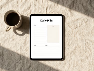 Overhead flat-lay of an iPad displaying a minimal warm-toned daily planner template, next to a ceramic coffee mug on a light linen tablecloth, soft morning shadows.