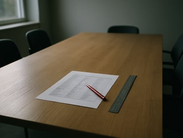 Wide environmental shot of a sparse consultation workspace — a long table with a printed media contact list, a ruler, and a red pen mid-annotation, empty chairs visible, soft north-facing daylight across the surface