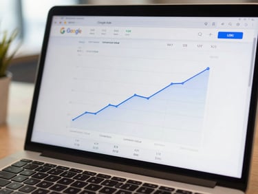 Close-up of a Google Ads dashboard on a laptop screen showing conversion volume chart trending sharply upward, clean daylight office setting, tight crop on the metrics panel with KPI numbers legible