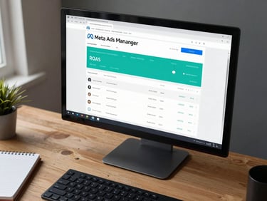 Wide overhead desk shot, a monitor showing a Meta Ads Manager dashboard with ROAS metric highlighted in teal, campaign rows visible, daylight from left, keyboard and notebook at bottom edge of frame