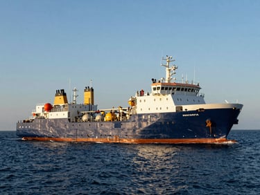 A modern marine supply vessel navigating through high-contrast deep blue waters under clear daylight, wide-angle lens