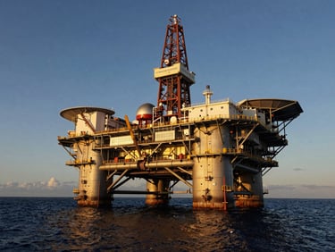 Low-angle hero shot of a massive offshore oil platform under dramatic golden hour light, deep navy water, industrial scale