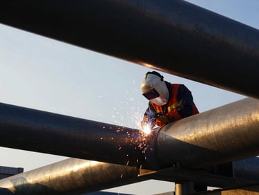 On-site close-up of a certified welder working on a heavy steel pipe structure, sparks flying, high-contrast daylight