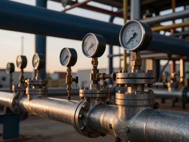 Industrial facility piping and valves with pressure gauges, precise macro shot, golden hour lighting