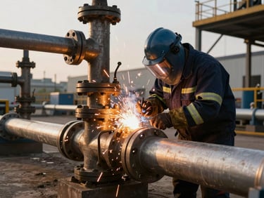On-site mechanical engineer in heavy protective gear welding a high-pressure pipeline flange, bright sparks, natural daylight, industrial setting