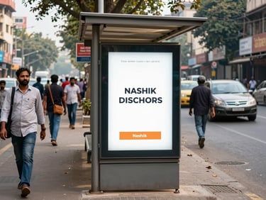 Eye-level street perspective of a transit shelter advertisement on a busy Nashik road at midday, pedestrians passing, branded panel fully visible in urban context