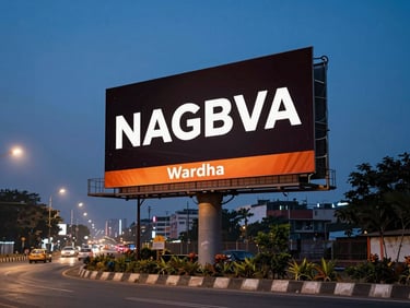 Wide-angle view of a large unipole billboard on Nagpur's Wardha Road at dusk, city lights beginning to glow behind it, campaign creative clearly visible against a deep blue evening sky