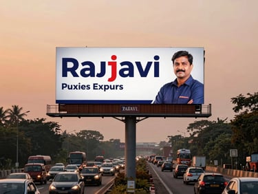 Wide environmental shot looking up at a large highway billboard along Pune's Expressway at golden morning hour, terracotta sky, heavy commuter traffic visible below, Rajavi campaign hoarding in frame