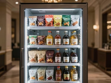 Close-up environmental shot of a premium automated retail machine interior — neatly arranged artisan snack packaging and small-batch beverage bottles behind glass, soft even studio lighting, no reflections, warm charcoal frame visible at edges, architectural detail of a luxury hallway softly out of focus behind