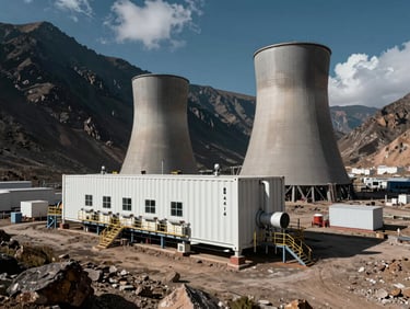 A 24MW containerized diesel power plant operating in a high-altitude Andean mountain mining site, rugged terrain, dramatic natural daylight.