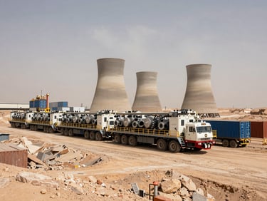 Wide environmental shot of heavy containerized power units deployed in a harsh desert mining site, high-contrast natural daylight under overcast industrial skies, massive scale.