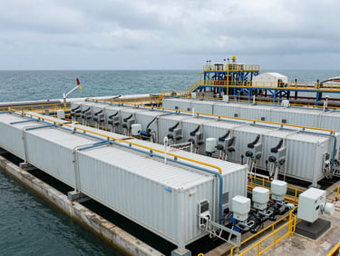 A coastal seawater desalination plant with heavy-duty containerized utility grids and medium-voltage synchronization systems visible, ocean background, overcast sky.