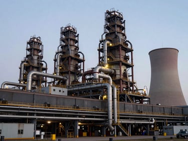 A massive industrial steel manufacturing complex with synchronized multi-unit power plants running adjacent to the main facility, sharp factory lighting.