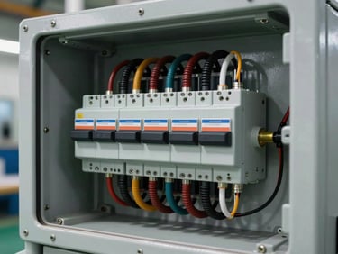 Close-up of complex medium-voltage synchronization switchgear inside a ruggedized power container, clean factory-floor lighting, high-contrast wiring detail