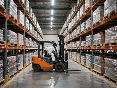 Wide-angle interior of a high-bay warehouse with racking systems fully loaded, a forklift in motion mid-aisle, sodium-tungsten lighting casting long shadows, showing depth and operational scale
