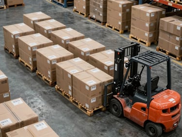 Overhead view of cargo pallets being organised on a warehouse floor by forklift, barcode labels visible on boxes, sodium-tungsten warehouse lighting, wide shot showing operational scale