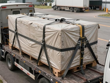 Close-up overhead shot of freight cargo strapped onto a flatbed truck trailer in a loading yard, industrial tie-down straps visible, overcast light, documentary framing showing scale of load