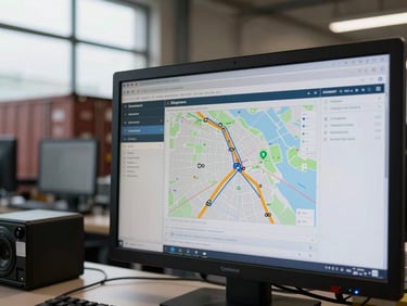 Close-up of a logistics operations screen displaying shipment tracking data and route maps, workstation in a busy freight operations centre, overcast window light from the side, documentary framing