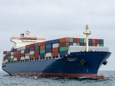 Wide environmental shot of a large container vessel at sea under overcast sky, hull loaded with stacked intermodal containers in multiple colours, low horizon, documentary framing