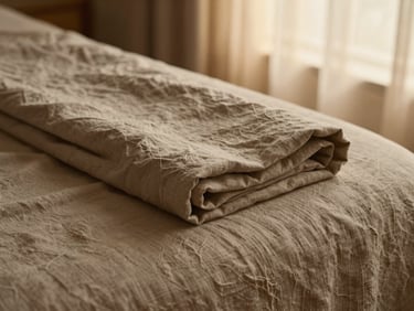 Warm low-key photography of soft folded organic linen sheets, minimalist luxury spa setting, soft side light, 35mm