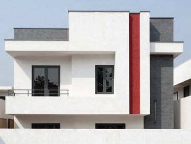 Modern residential exterior in Jaipur, featuring textured red-accented elevation tiles, bright neutral daylight, clean white and charcoal tones, sharp focus, 35mm lens