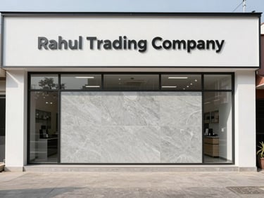 Wide-angle architectural elevation of the modern Rahul Trading Company showroom in Jagatpura, displaying large-format vitrified slabs under bright neutral daylight.