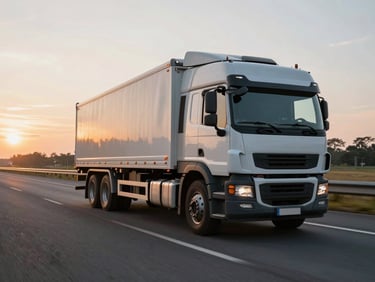 Heavy commercial truck traveling on a highway at sunrise, professional driver perspective