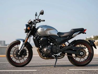 Modern motorcycle parked on an urban asphalt road, clear sky, sharp details
