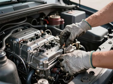 Hands of a mechanic in work gloves inspecting a truck engine compartment, bright daylight, sharp focus on details.