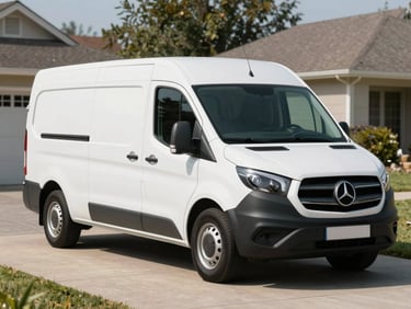 White passenger van parked in a clean suburban driveway, bright daylight