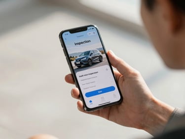 Close-up of a person holding a smartphone showing a vehicle inspection app screen, bright natural daylight, clean background