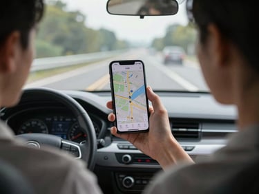 Over-the-shoulder shot of a driver holding a smartphone showing a clear map, bright daylight through the windshield, highway background.