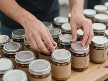 Close-up of hands arranging small-batch jars and packaged goods on a wooden market table, soft overcast daylight, texture of kraft paper and twine visible
